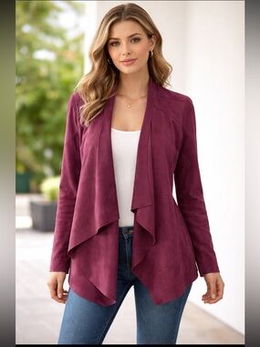 Blank NYC Burgundy Faux Suede Waterfall Draped Jacket Soft Open Front — Size M